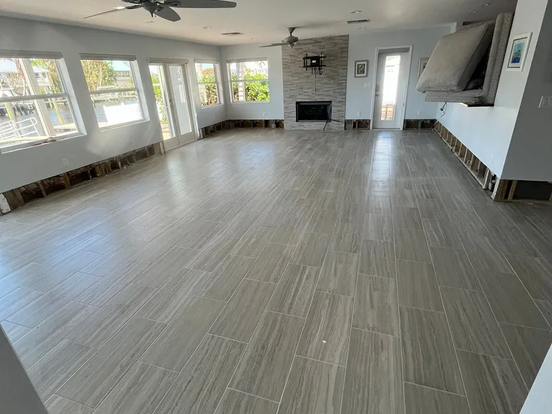 Living area with new wood-look tile flooring
